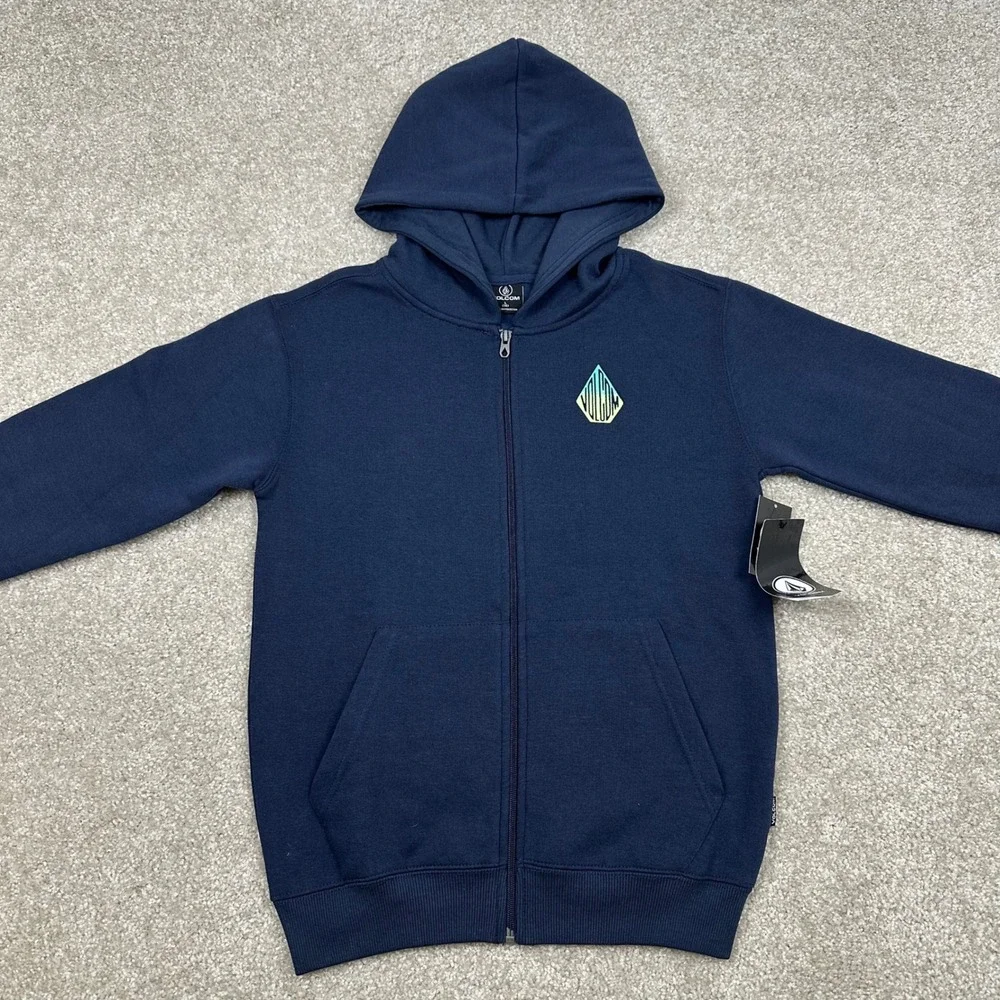 Volcom Boys Motorin Zip Fleece Hoodie Navy Blue True To This Graphic Size L NWT